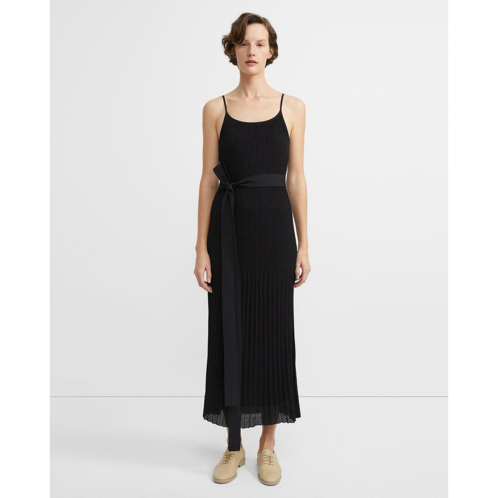 Theory Pleat Maxi Dress Black Italian Stretch Cotton Belted P(XS) S $455